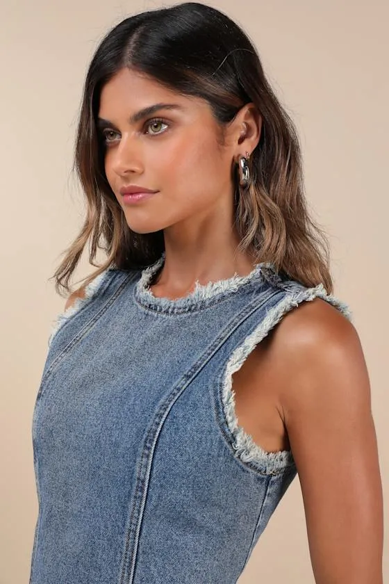Solara Medium Wash Denim Raw Edge Shift Mini Dress sold by Lulus product image thumbnail 4