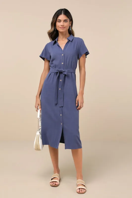 Italian Summer Dark Blue Linen Button-Up Short Sleeve Midi Dress sold by Lulus