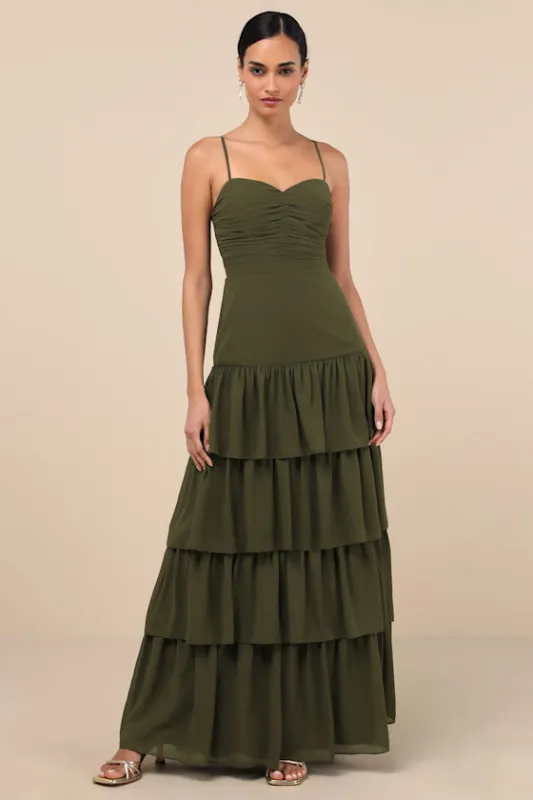 Gorgeous Influence Olive Green Tiered Maxi Dress sold by Lulus