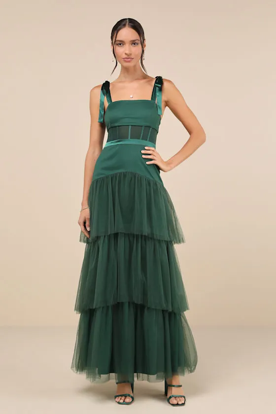 Enticing Mystique Dark Green Tulle Tie-Strap Tiered Maxi Dress sold by Lulus