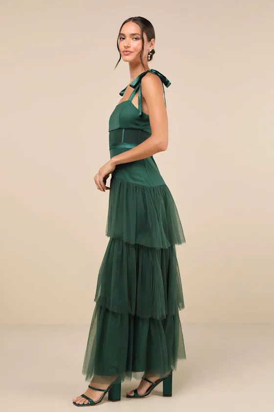 Enticing Mystique Dark Green Tulle Tie-Strap Tiered Maxi Dress sold by Lulus product image thumbnail 3