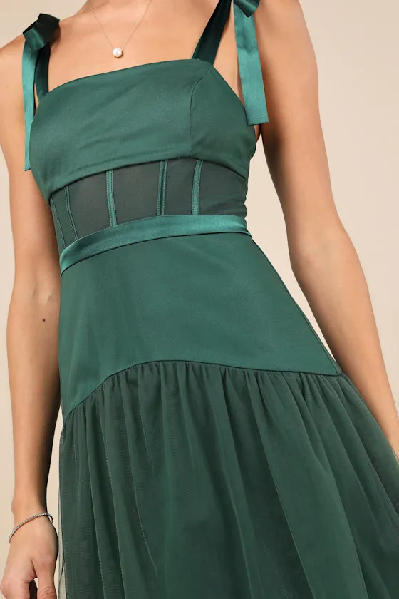 Enticing Mystique Dark Green Tulle Tie-Strap Tiered Maxi Dress sold by Lulus product image thumbnail 4