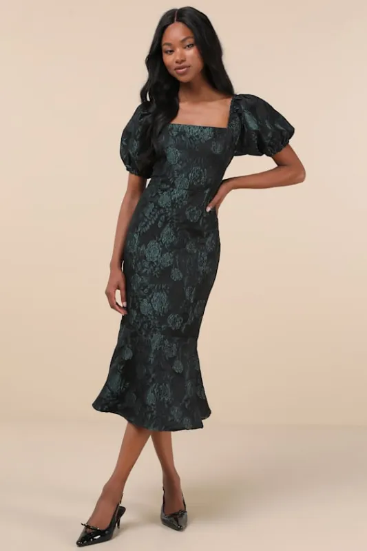 Majorly Fabulous Black and Emerald Trumpet Midi Dress sold by Lulus