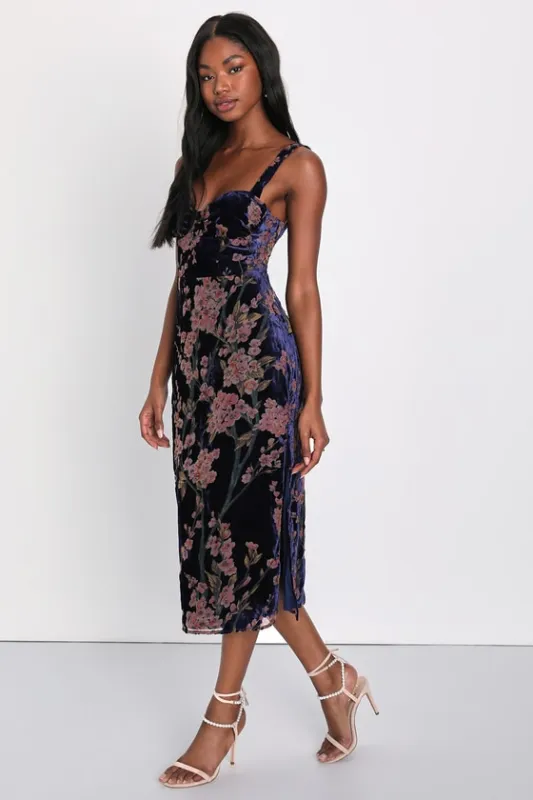 Romantic Stunner Navy Blue Floral Burnout Velvet Lace-Up Dress sold by Lulus