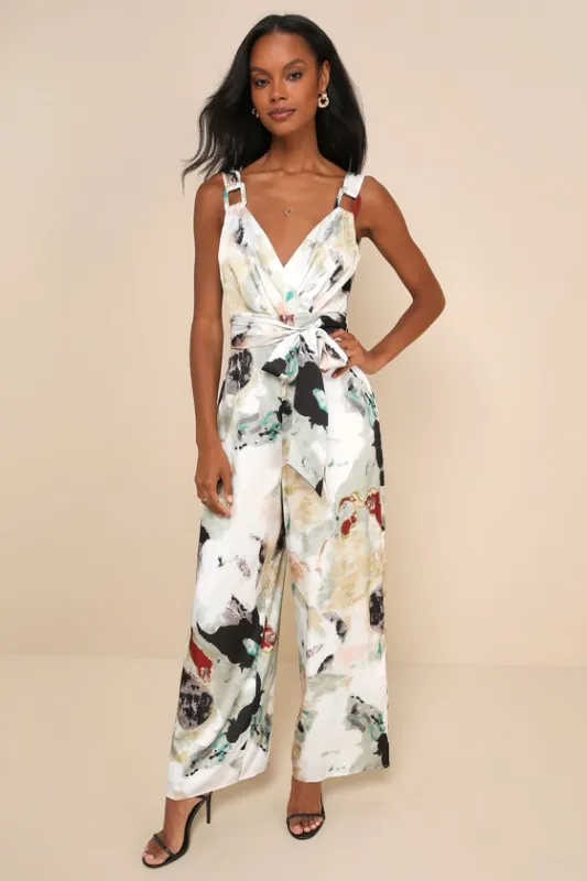 Poised Choice Multi Abstract Print Satin O-Ring Jumpsuit sold by Lulus
