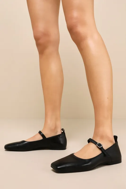 Delia Black Leather Buckle Ballet Flats sold by Lulus