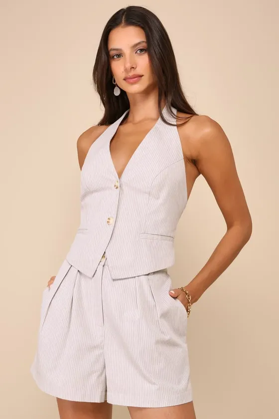 Posh Certainty Beige Pinstripe Linen Pleated High-Rise Shorts sold by Lulus