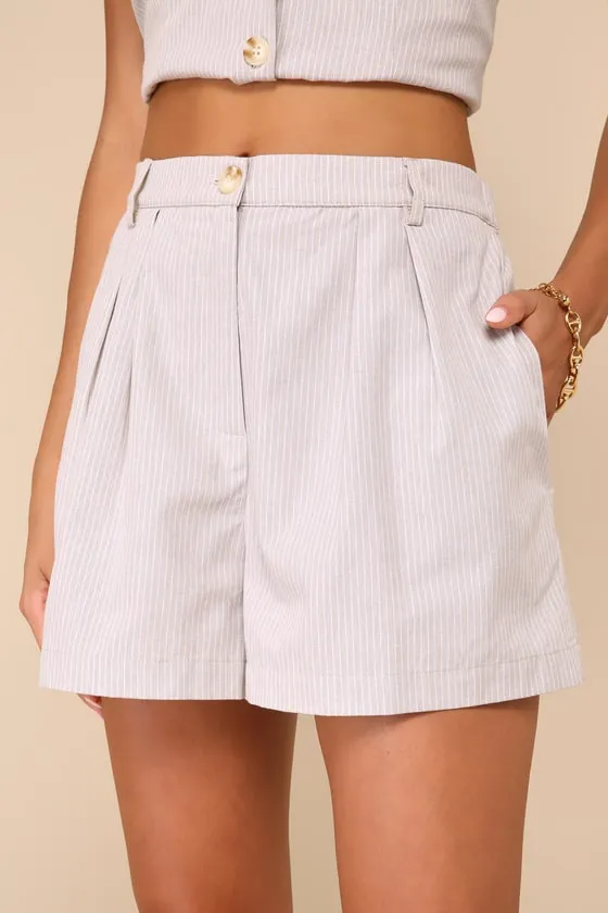 Posh Certainty Beige Pinstripe Linen Pleated High-Rise Shorts sold by Lulus product image thumbnail 2