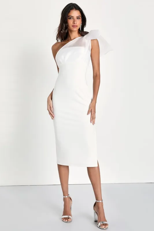 Run the Party Ivory Bodycon Organza One-Shoulder Midi Dress sold by Lulus