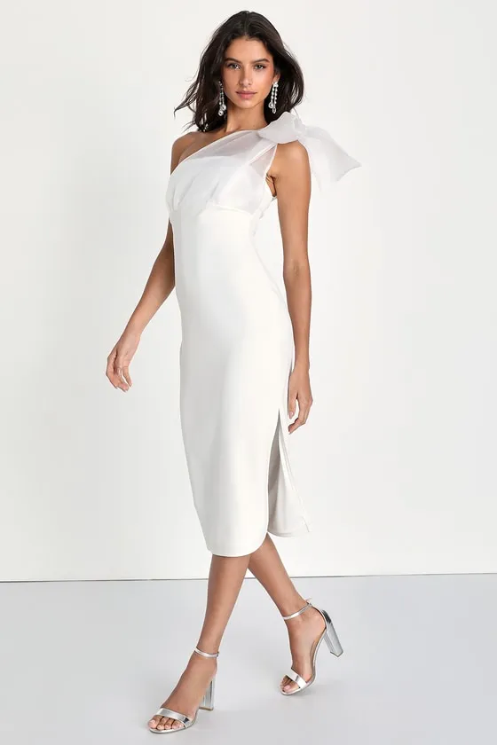 Run the Party Ivory Bodycon Organza One-Shoulder Midi Dress sold by Lulus product image thumbnail 3