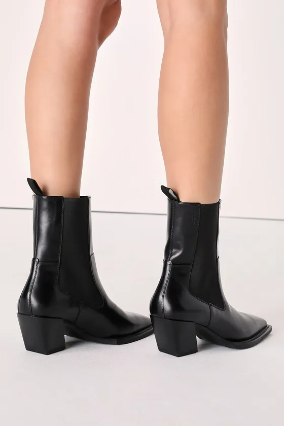 Alina Black Leather Square-Toe Mid-Calf Boots sold by Lulus product image thumbnail 2