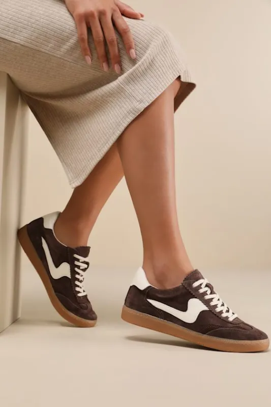 Notice Dark Brown Suede Leather Color Block Lace-Up Sneakers sold by Lulus