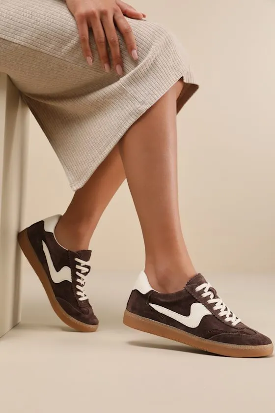 Notice Dark Brown Suede Leather Color Block Lace-Up Sneakers sold by Lulus
