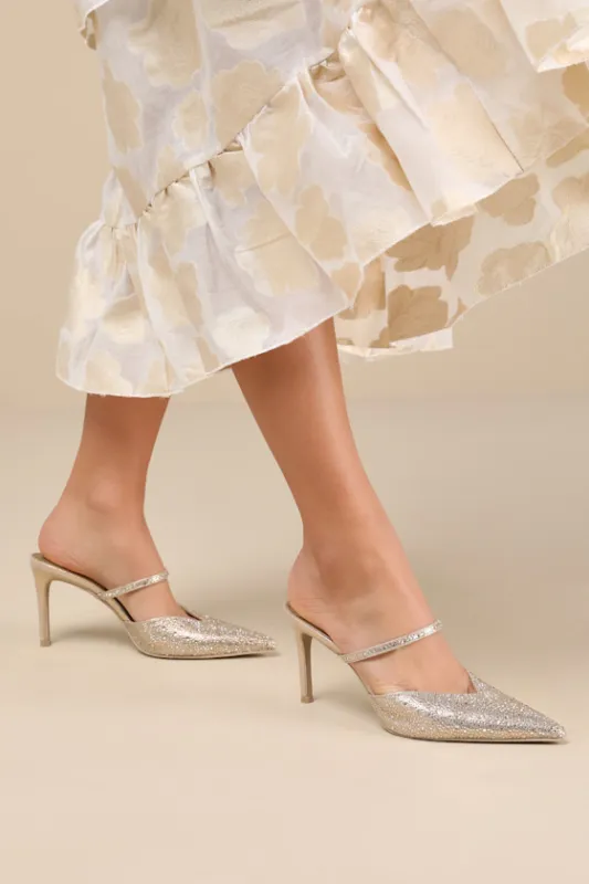 Kanika Light Gold Fabric Rhinestone Pointed-Toe Mule Pumps sold by Lulus