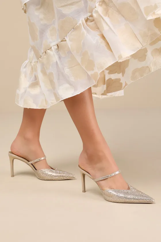 Kanika Light Gold Fabric Rhinestone Pointed-Toe Mule Pumps sold by Lulus