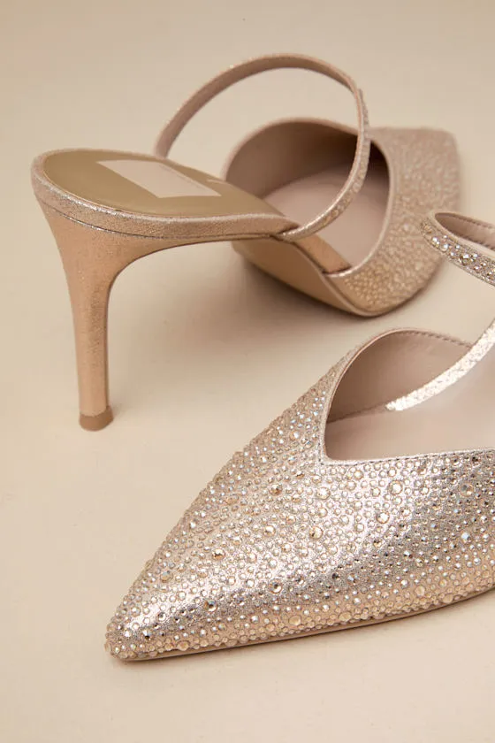 Kanika Light Gold Fabric Rhinestone Pointed-Toe Mule Pumps sold by Lulus product image thumbnail 4