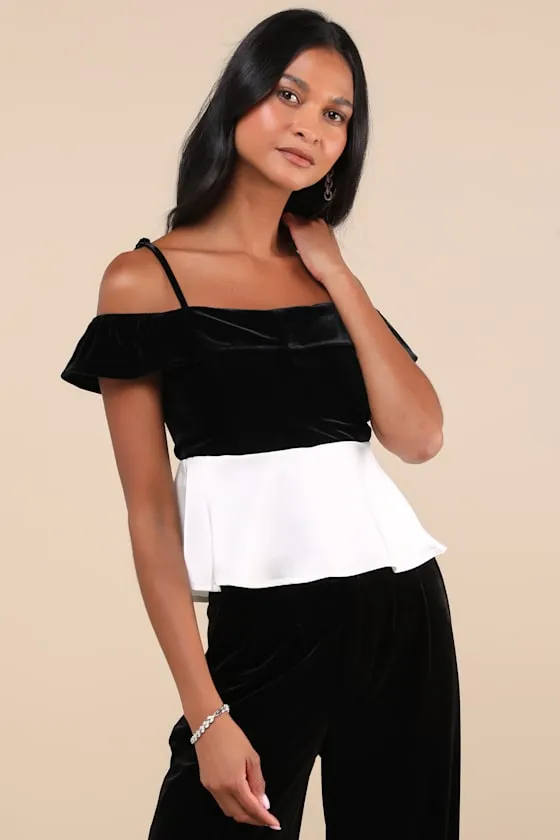 Contemporary Drama Black and White Velvet Cold Shoulder Top sold by Lulus