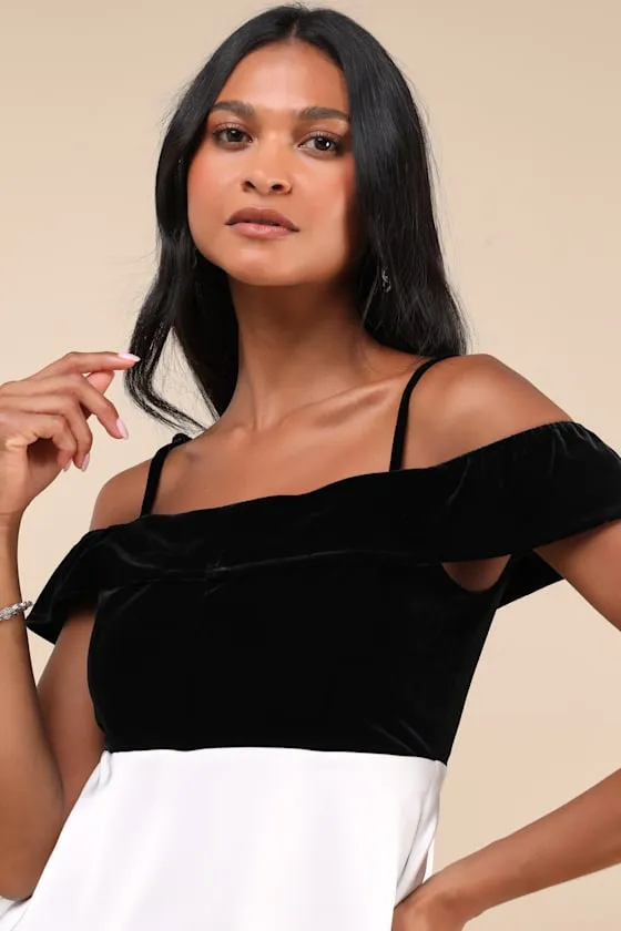 Contemporary Drama Black and White Velvet Cold Shoulder Top sold by Lulus product image thumbnail 4