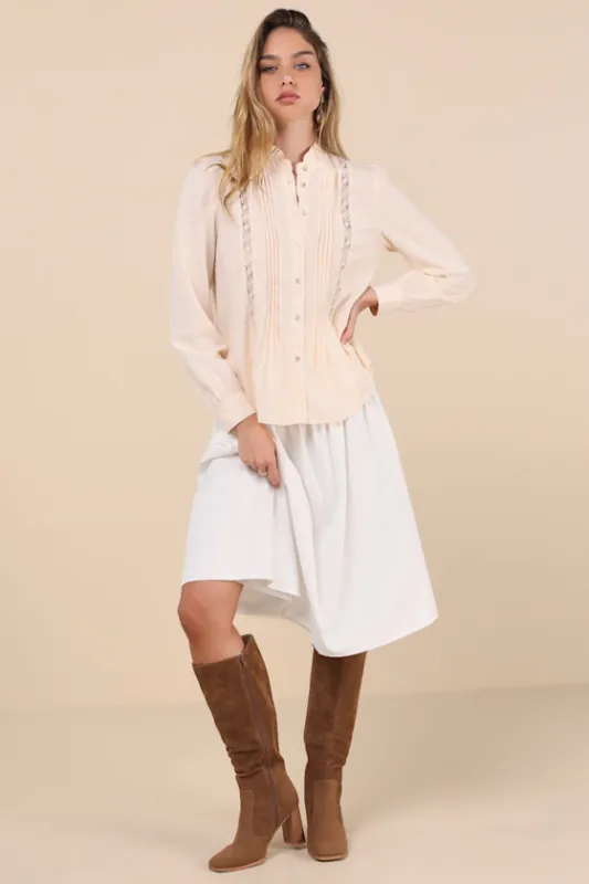 Composed Crush Cream Pleated Lace Mock Neck Button-Up Top sold by Lulus
