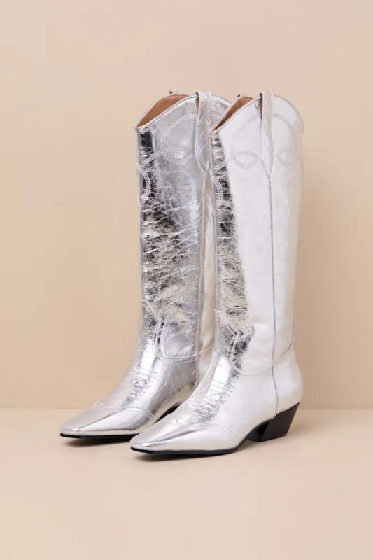 Dollie Silver Leather Knee High Western Boots sold by Lulus