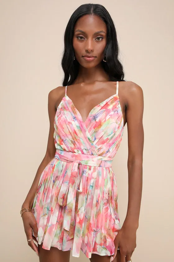 Enticingly Lovely Pink Multi Floral Pleated Backless Romper sold by Lulus