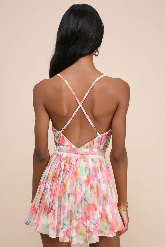 Enticingly Lovely Pink Multi Floral Pleated Backless Romper sold by Lulus product image thumbnail 2