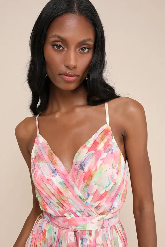 Enticingly Lovely Pink Multi Floral Pleated Backless Romper sold by Lulus product image thumbnail 4