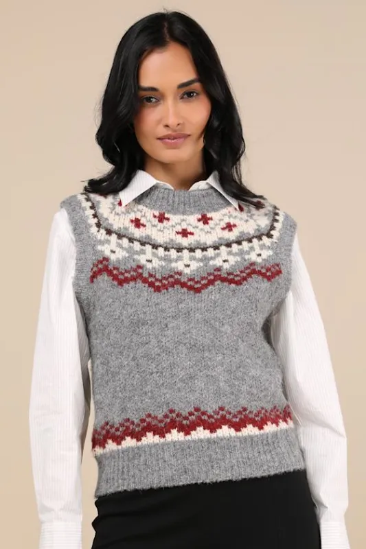Wintry Darling Grey and Red Fair Isle Crew Neck Sweater Vest sold by Lulus