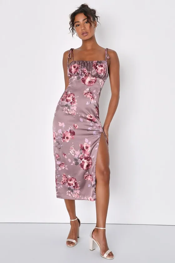 Fleur-ty Behavior Mauve Floral Satin Tie-Strap Midi Dress sold by Lulus