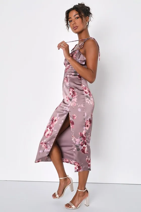 Fleur-ty Behavior Mauve Floral Satin Tie-Strap Midi Dress sold by Lulus product image thumbnail 4