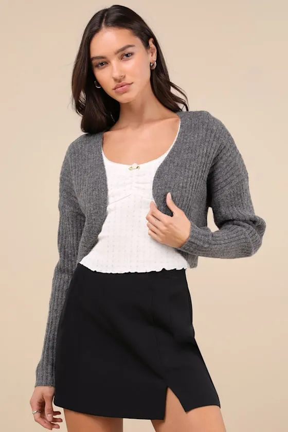 Comfy Cuteness Grey Heathered Ribbed Knit Shrug Cardigan sold by Lulus