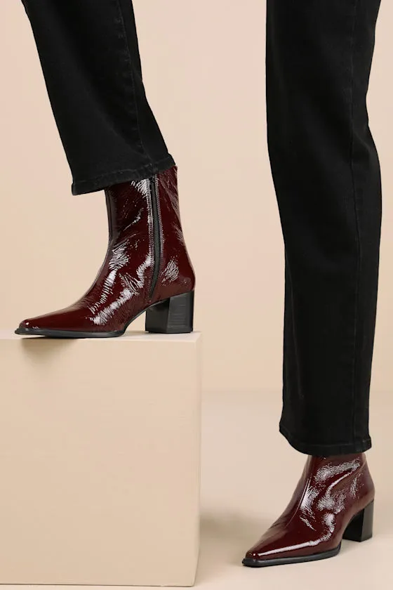 Giselle Cherry Patent Leather Pointed-Toe Ankle Boots sold by Lulus