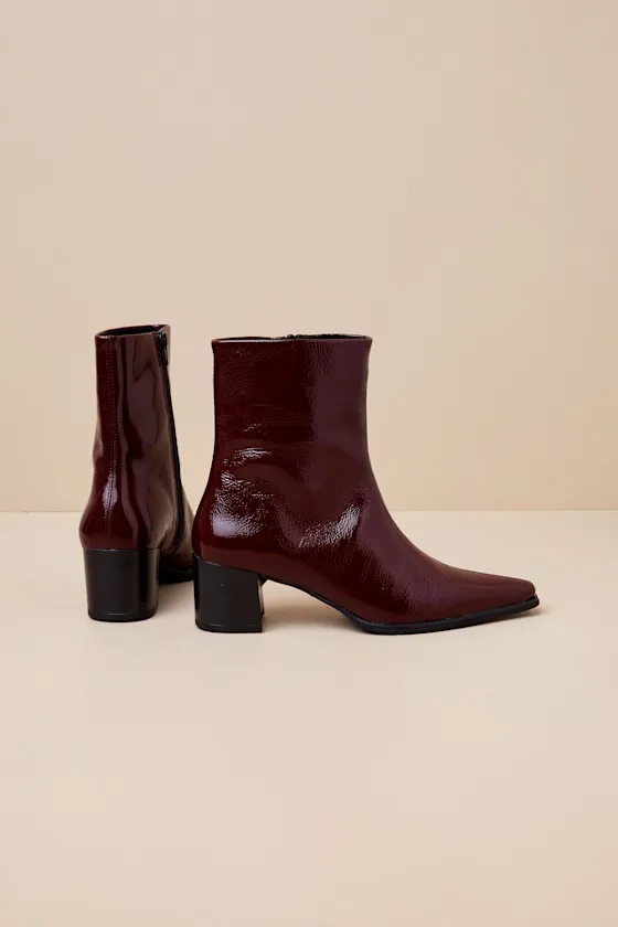 Giselle Cherry Patent Leather Pointed-Toe Ankle Boots sold by Lulus product image thumbnail 2