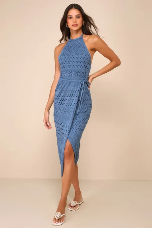 Blissful Strolls Slate Blue Crochet Faux-Wrap Halter Midi Dress sold by Lulus