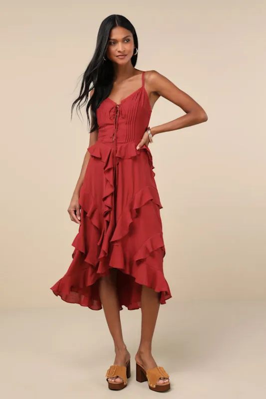 Playful Style Brick Red Lace-Up Ruffled High-Low Midi Dress sold by Lulus