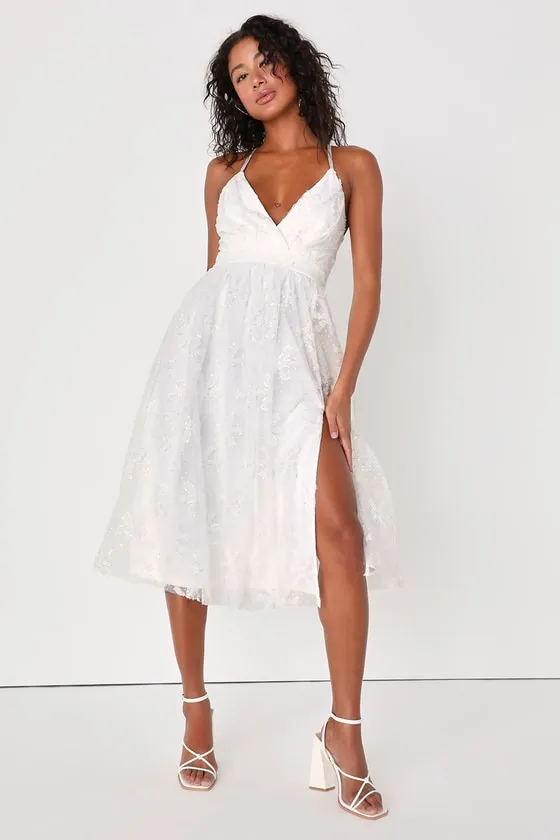 Angelic Moment White Swiss Dot Sequin Tulle Midi Dress sold by Lulus