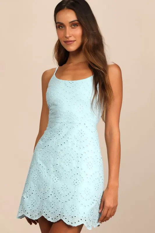 Modern Romantic Light Blue Eyelet Lace Mini Dress sold by Lulus