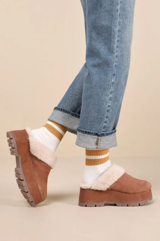 Juney Chestnut Suede Leather Platform Mule Slides sold by Lulus