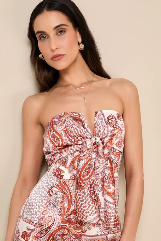 Aesthetic Perfection Ivory Paisley Tie-Front Strapless Jumpsuit sold by Lulus