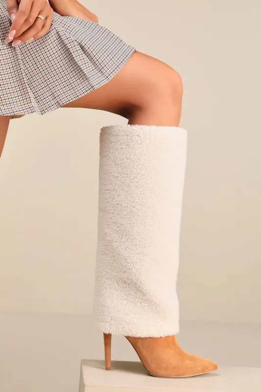 Erving Tan Suede Faux Fur Fold-Over Knee-High Boots sold by Lulus