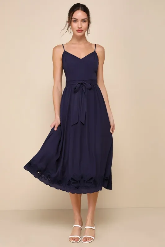 Blissful Ease Navy Blue Embroidered Sleeveless Midi Dress sold by Lulus