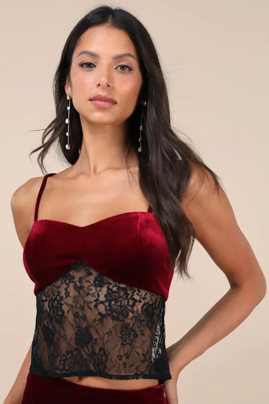 Endlessly Iconic Burgundy and Black Velvet Lace Cami Top sold by Lulus