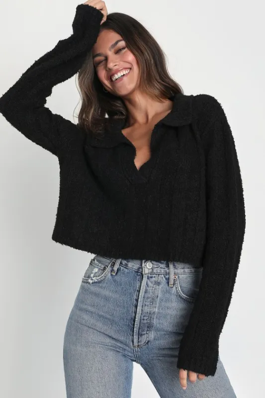 Plush Comfort Black Long Sleeve Collared Cropped Sweater Top sold by Lulus
