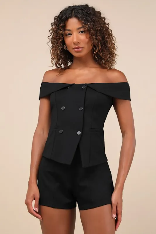 Poised Mindset Black Off-the-Shoulder Button-Front Vest Top sold by Lulus