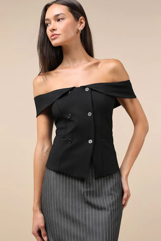 Poised Mindset Black Off-the-Shoulder Button-Front Vest Top sold by Lulus product image thumbnail 2