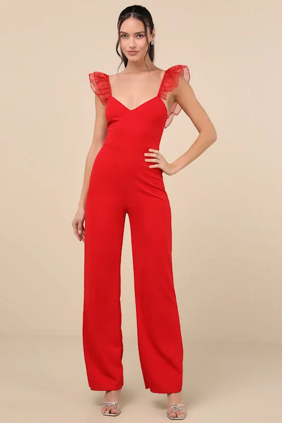 Luxe Position Red Ruffled Wide-Leg Jumpsuit sold by Lulus