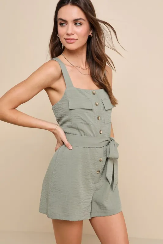 Daily Choice Sage Green Sleeveless Belted Button-Front Romper sold by Lulus
