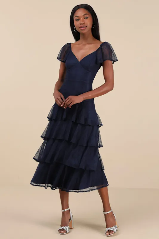 Graceful Darling Navy Lace Flutter Sleeve Tiered Midi Dress sold by Lulus