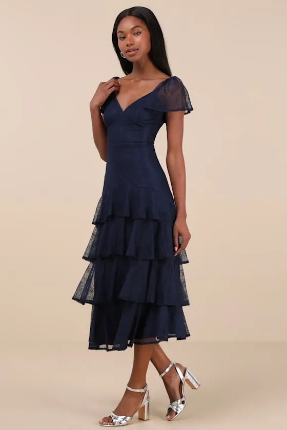 Graceful Darling Navy Lace Flutter Sleeve Tiered Midi Dress sold by Lulus product image thumbnail 2