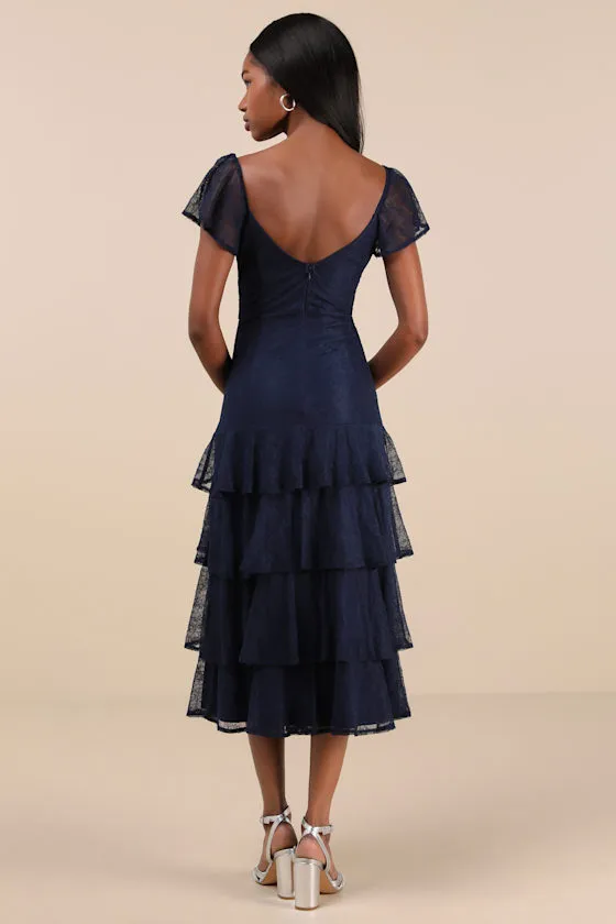 Graceful Darling Navy Lace Flutter Sleeve Tiered Midi Dress sold by Lulus product image thumbnail 3